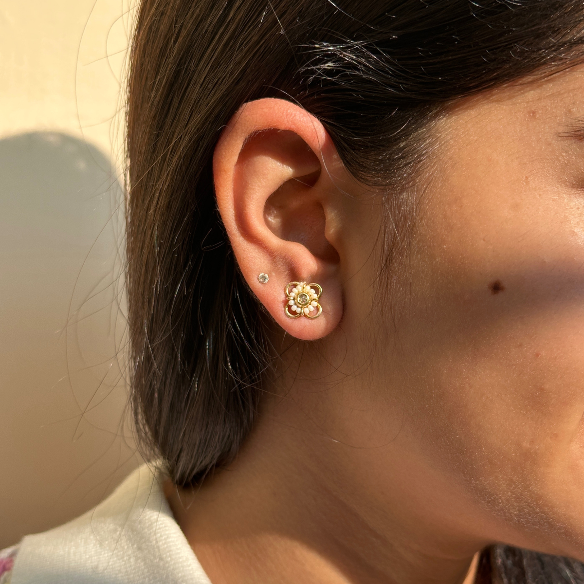 Mriya Pearl & Diamond 18K Gold Plated Silver 925 Stud Earrings