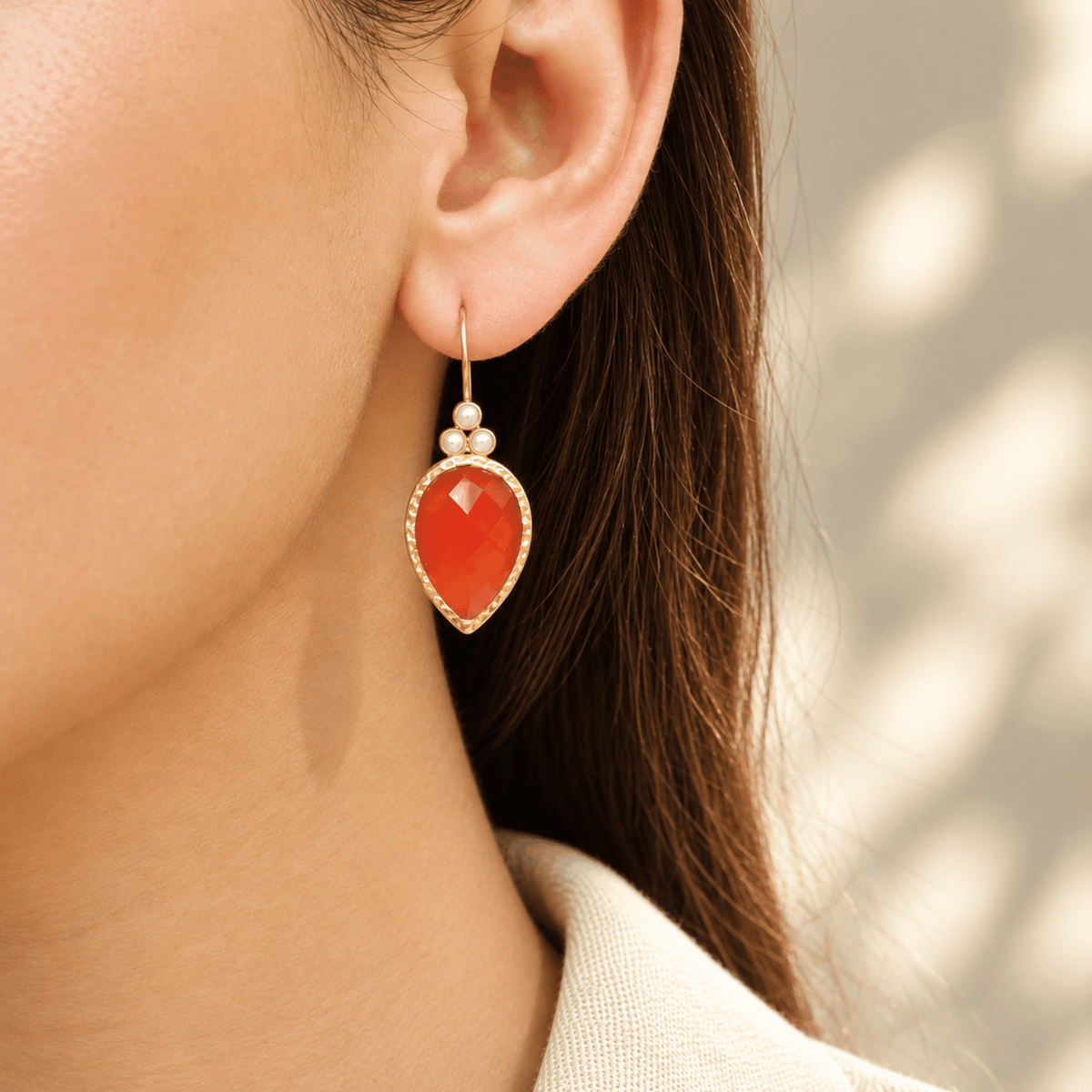 Leaf Shaped Pearl & Carnelian 18k Gold Plated Silver 925 Earrings