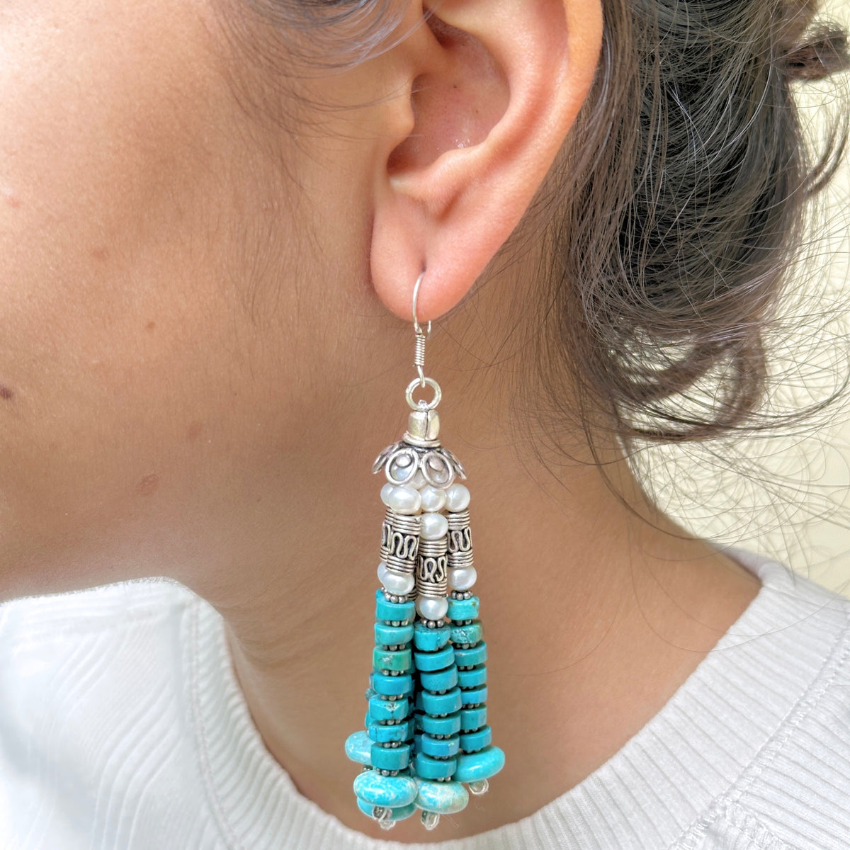 Turquoise & Pearl Beads Hanging Artisan Silver 925 Earrings