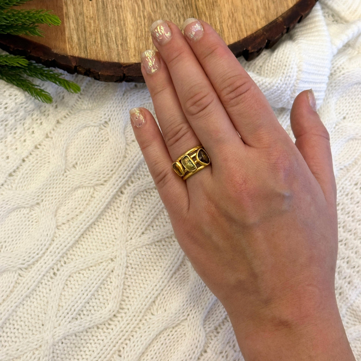 Tourmaline Three Stone 18k Gold Plated Silver 925 Ring