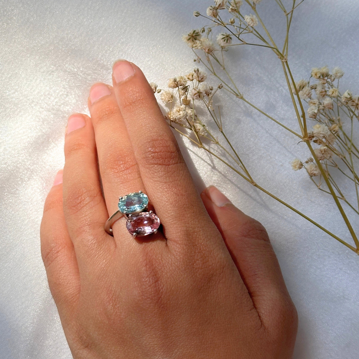 Alluring Aquamarine & Morganite Stone 925 Silver Ring