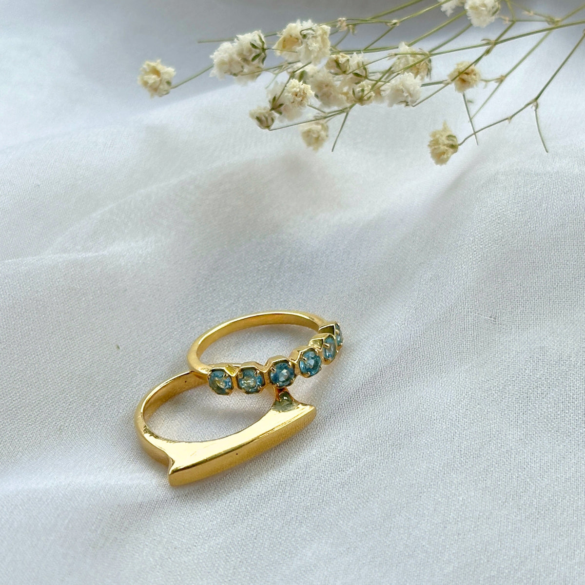 Azure Edge Blue Topaz Gold Plated Silver 925 Ring Stack