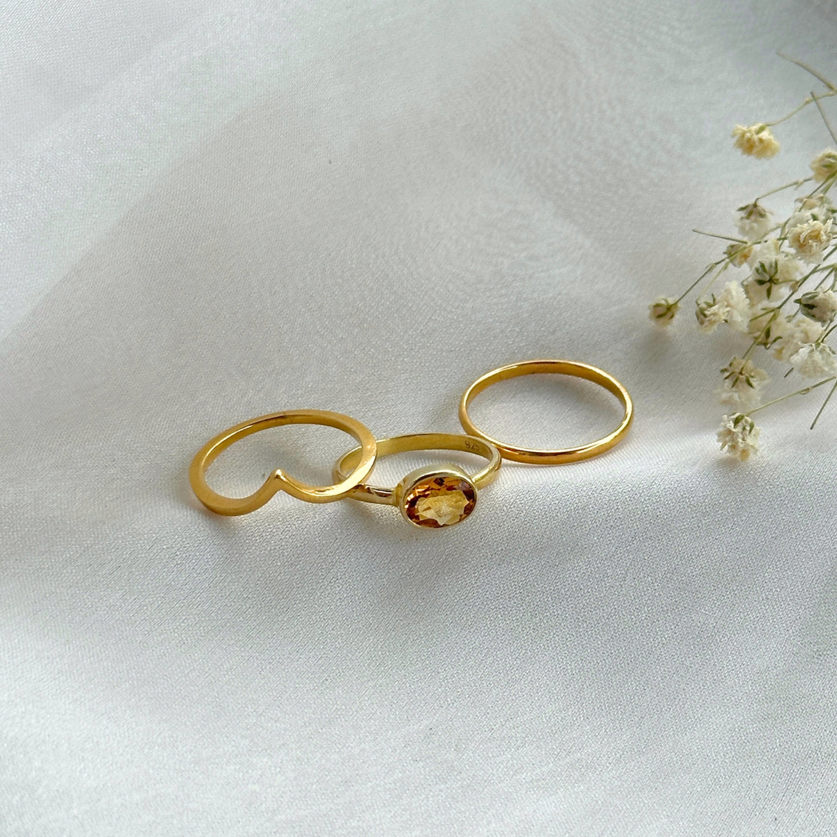 Citrine Crown Gold Plated Silver 925 Double Band Ring Stack