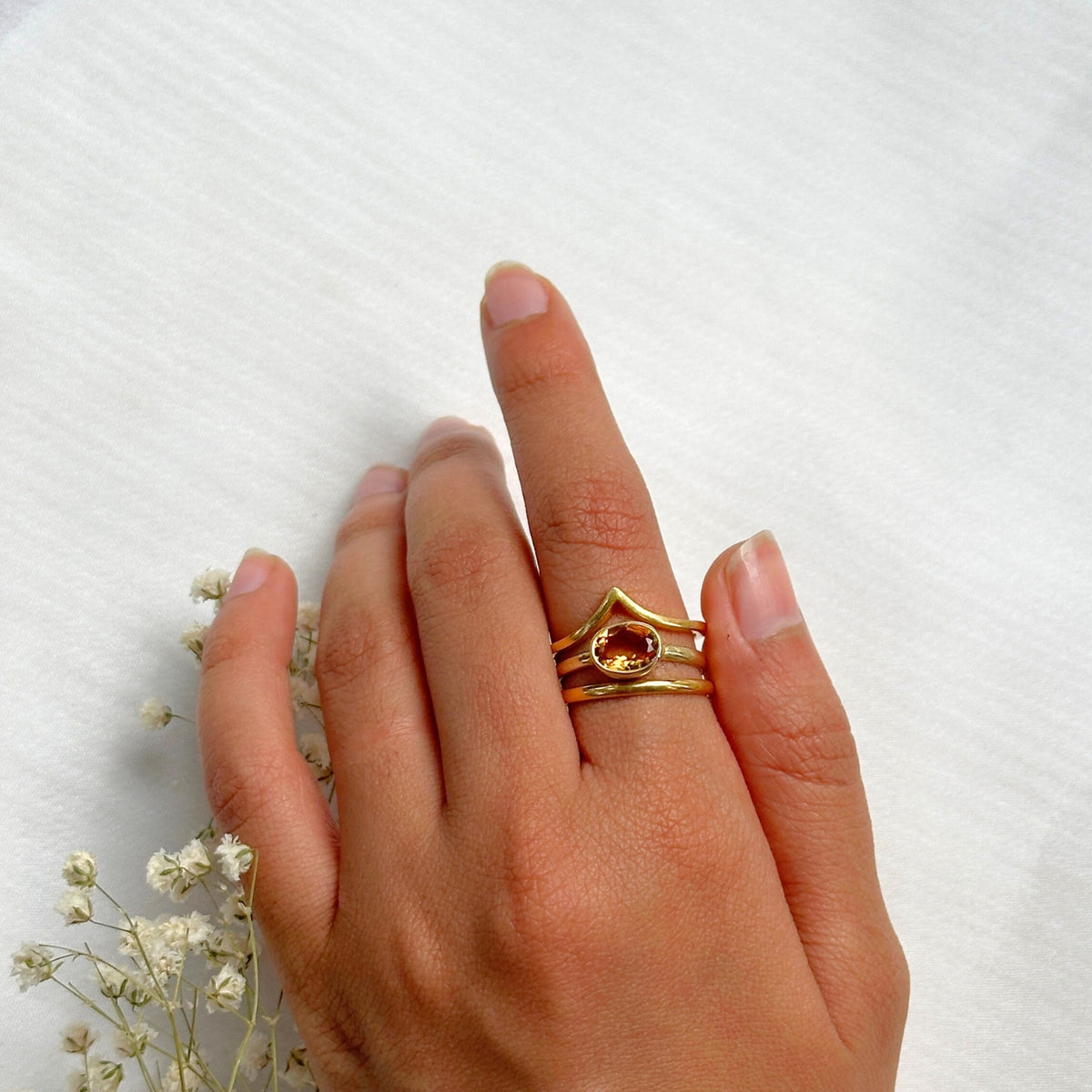 Citrine Crown Gold Plated Silver 925 Double Band Ring Stack