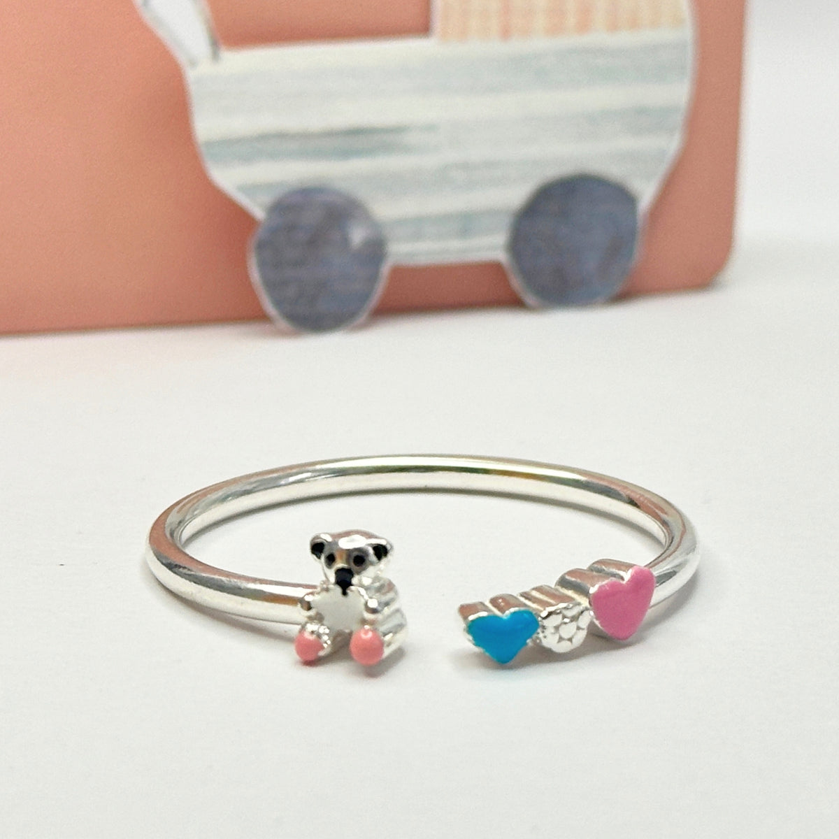 Bear and Hearts Silver 925 Kids Bangle