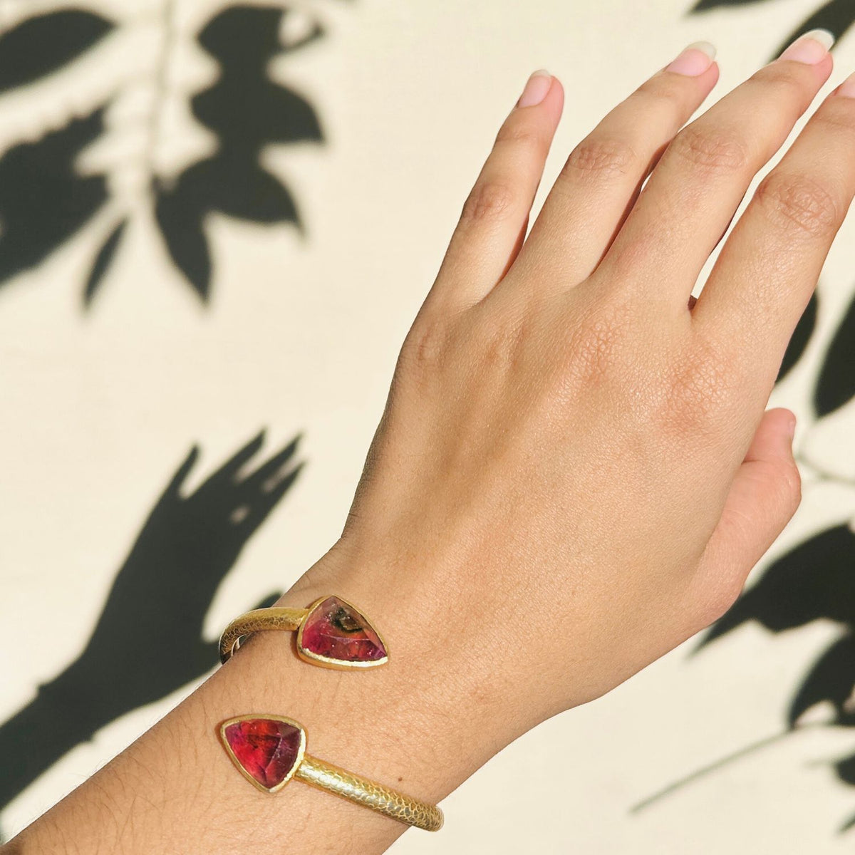 Watermelon Tourmaline in Gold Plated Silver Open Bracelet