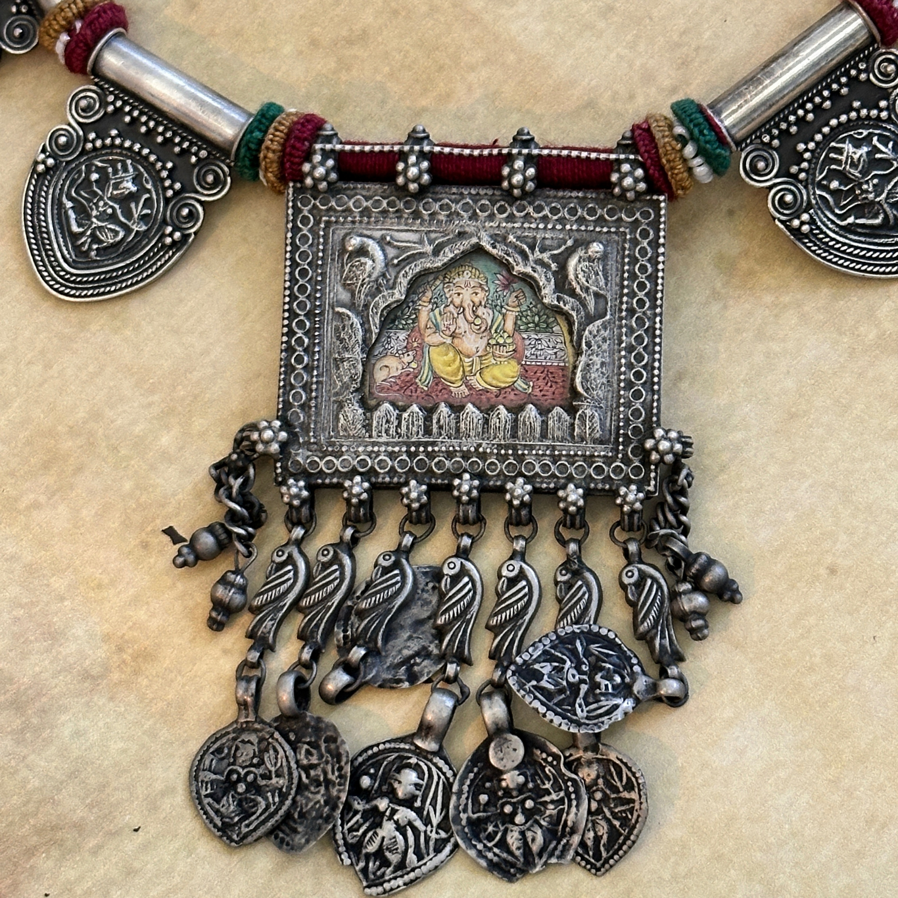 Ganpati Handpainted Silver 925 Necklace