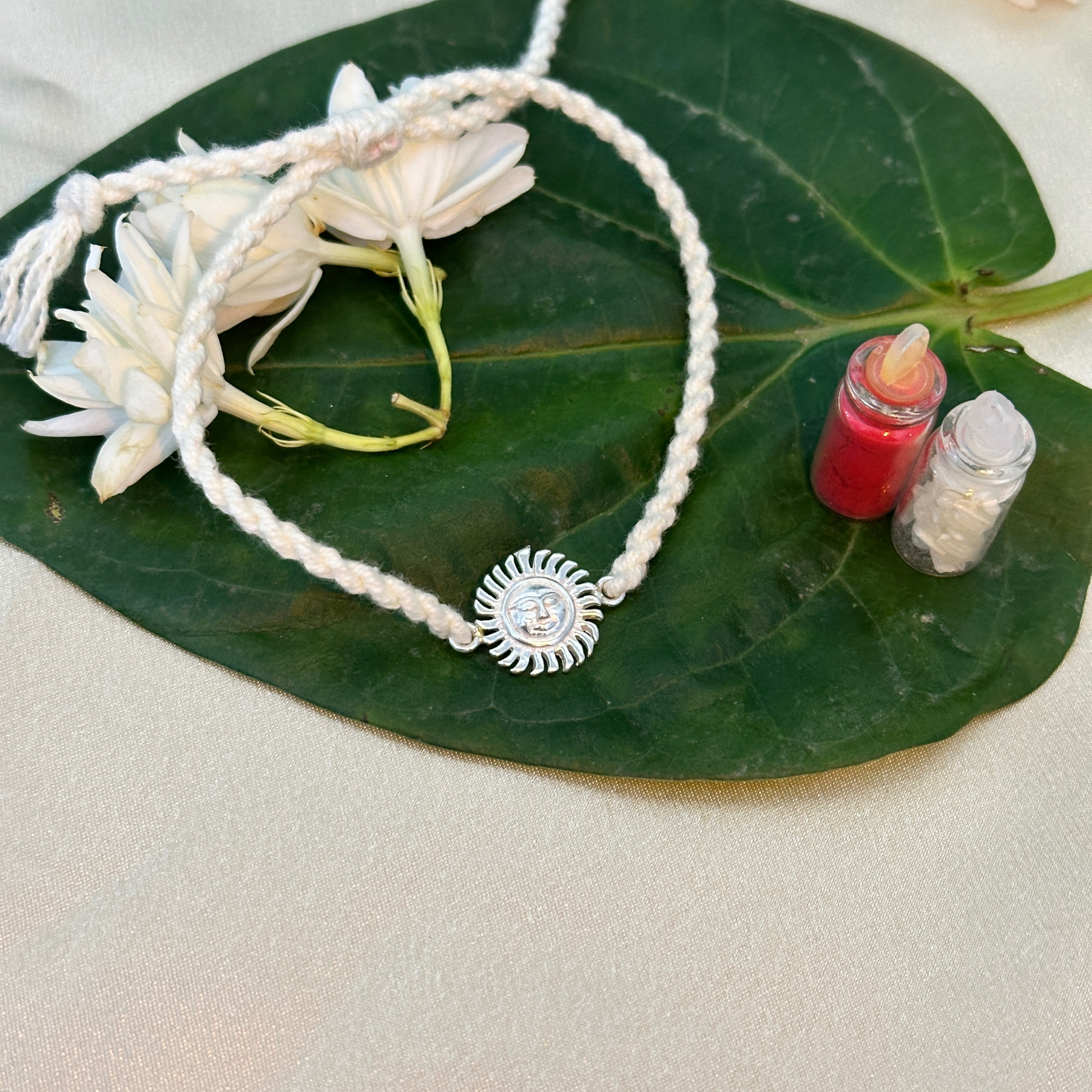 Sun Charm Silver White thread Bracelet