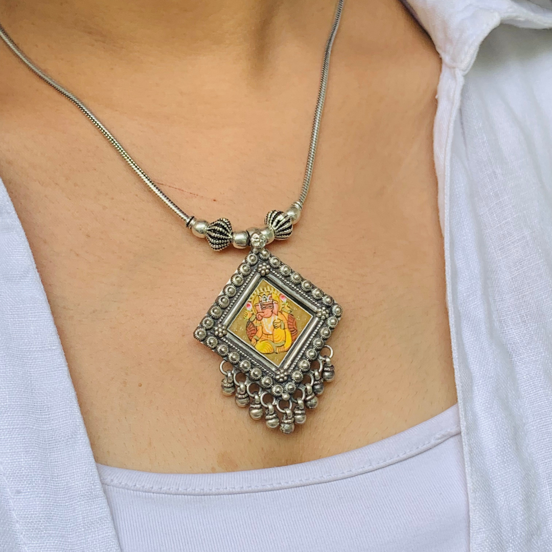 Swarn Shringar Handpainted Miniature Art Silver Pendant Necklace