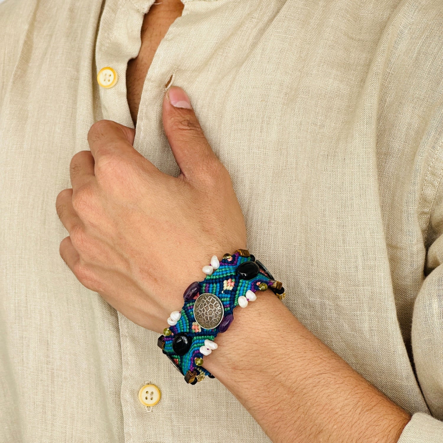 Beaded Boho Power Silver 925 Unisex Bracelet