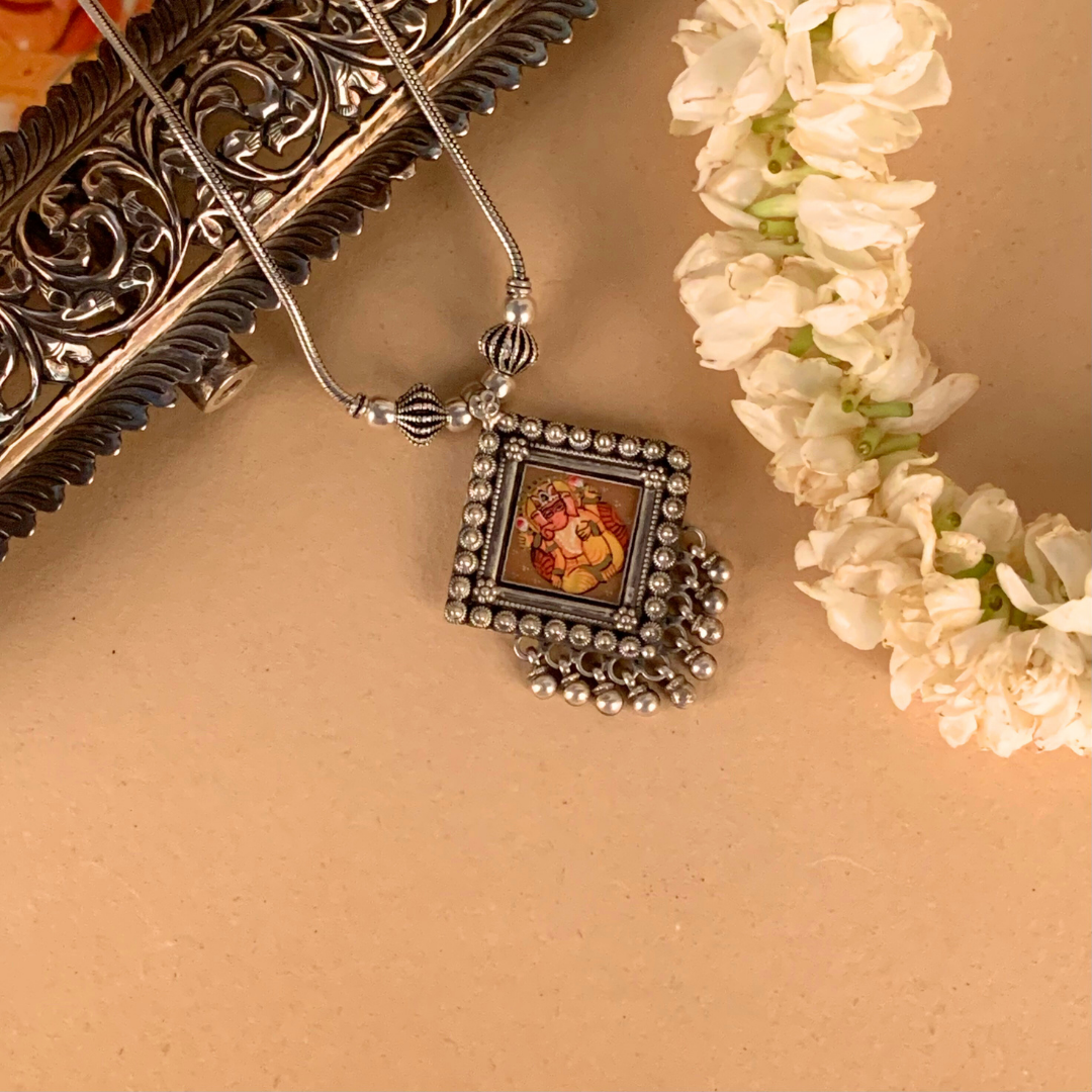 Swarn Shringar Handpainted Miniature Art Silver Pendant Necklace