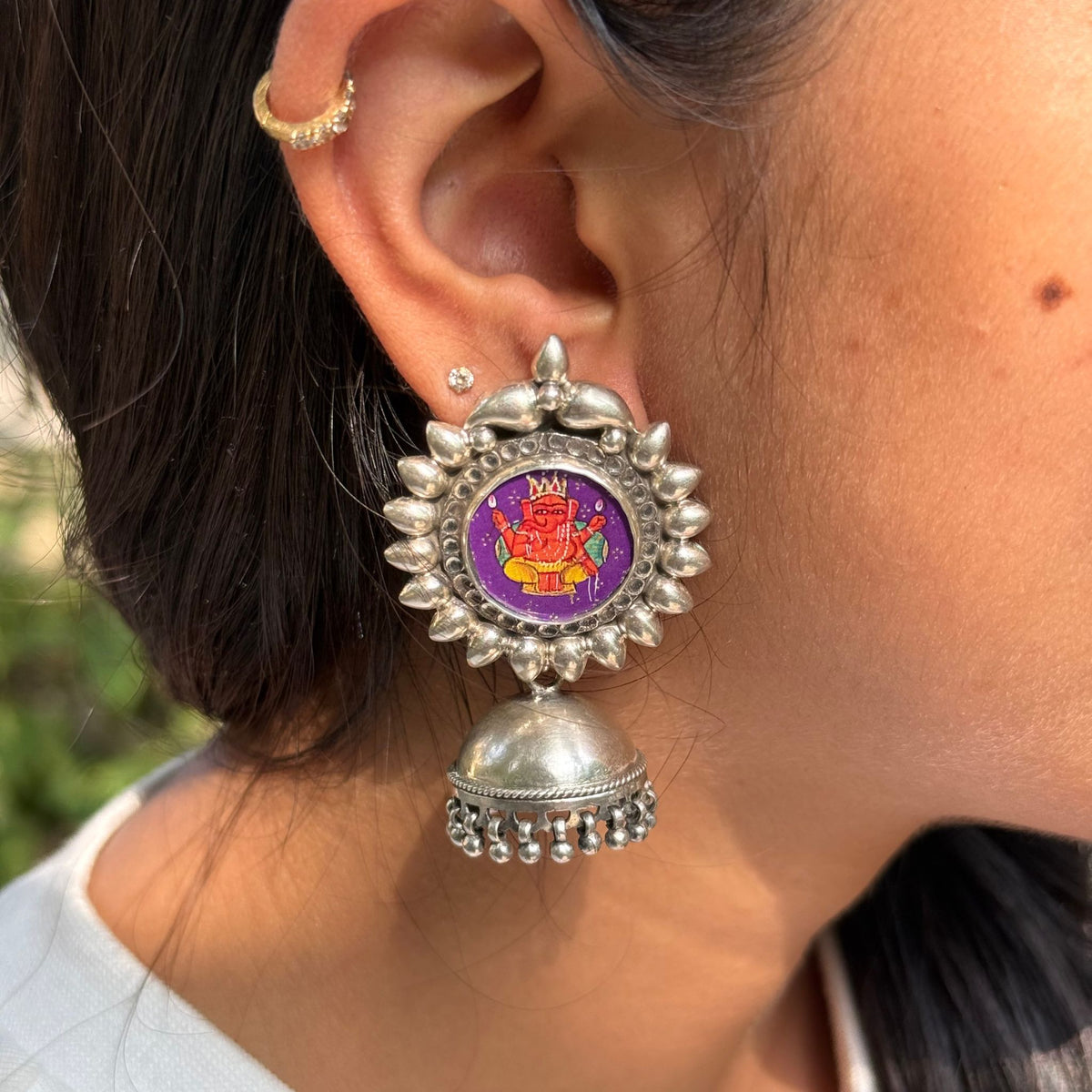 silver Ganesha earrings, traditional silver earrings, hand painted Ganesha jewellery