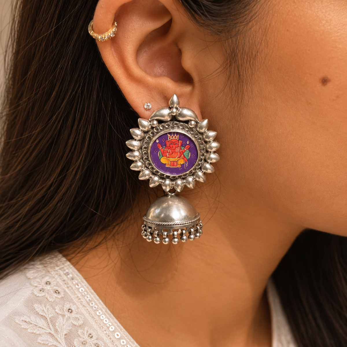 Aaradhya Hand Painted Ganesha Silver 925 Jhumka Earrings
