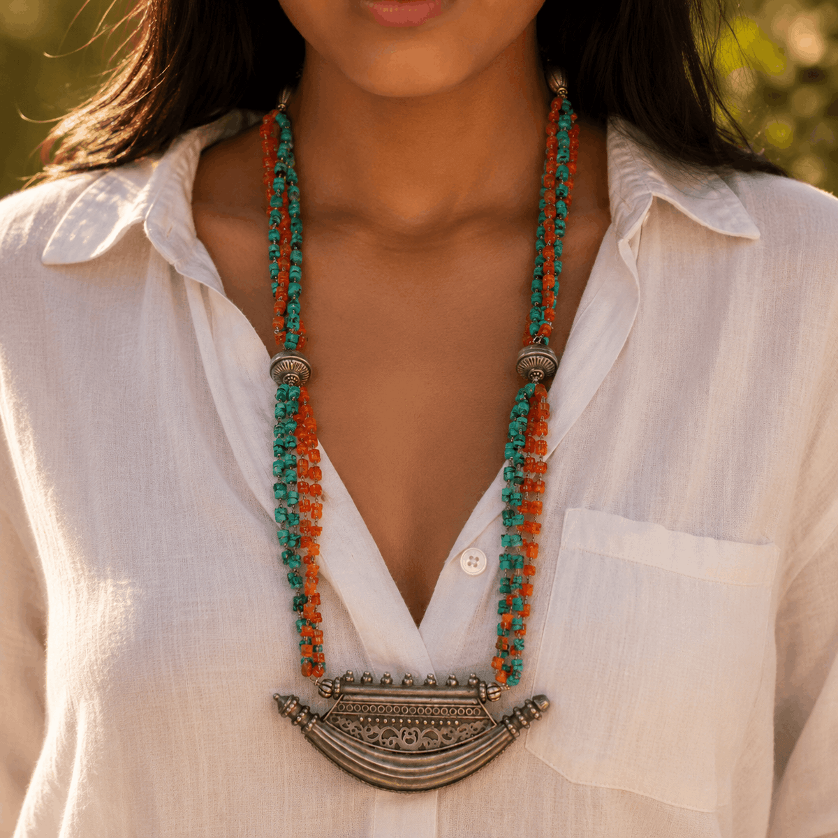 Ashra Turquoise & Carnelian Silver 925 Pendant Necklace