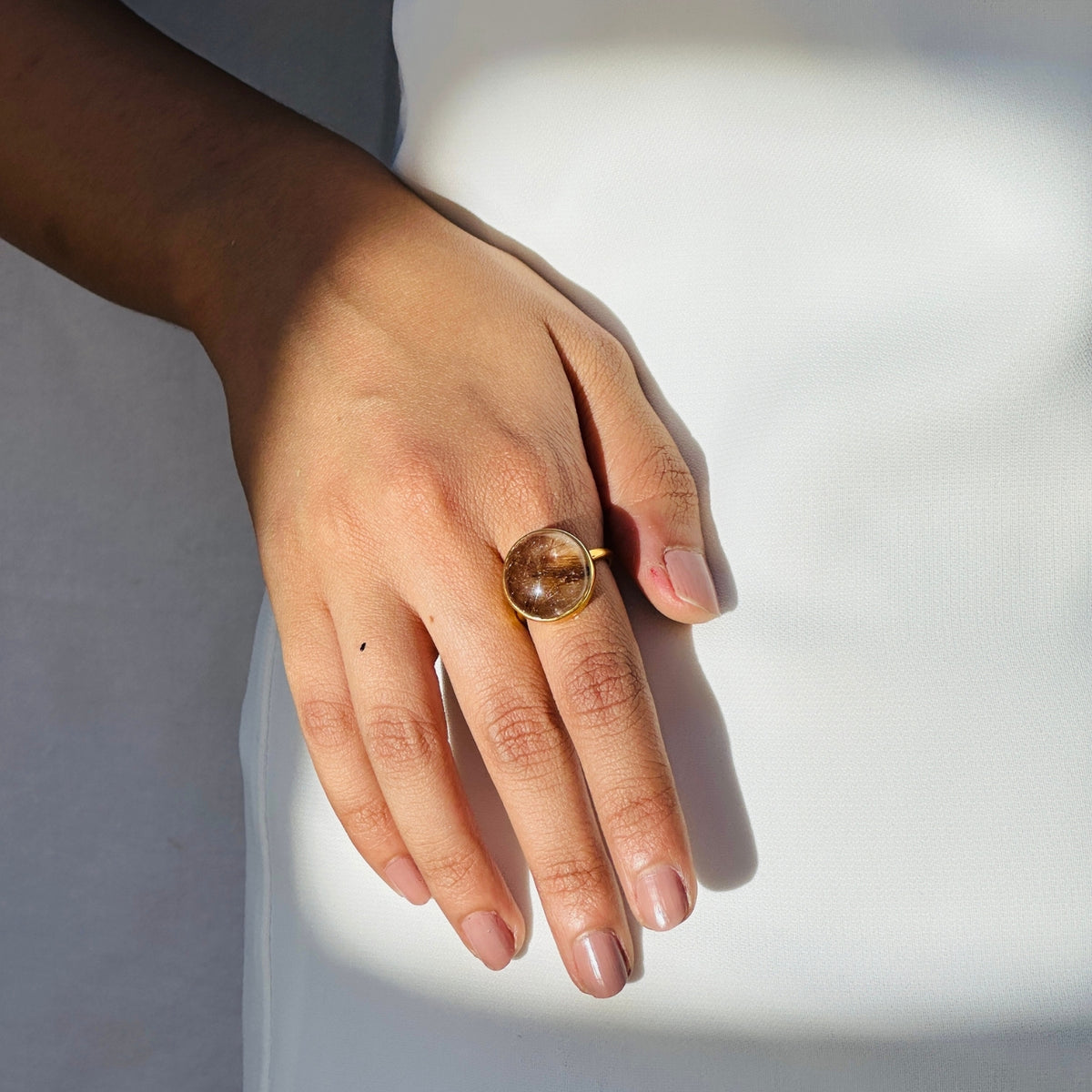 Earthly Rutile Quartz 18k Gold Plated Silver 925 Ring, gemstone ring