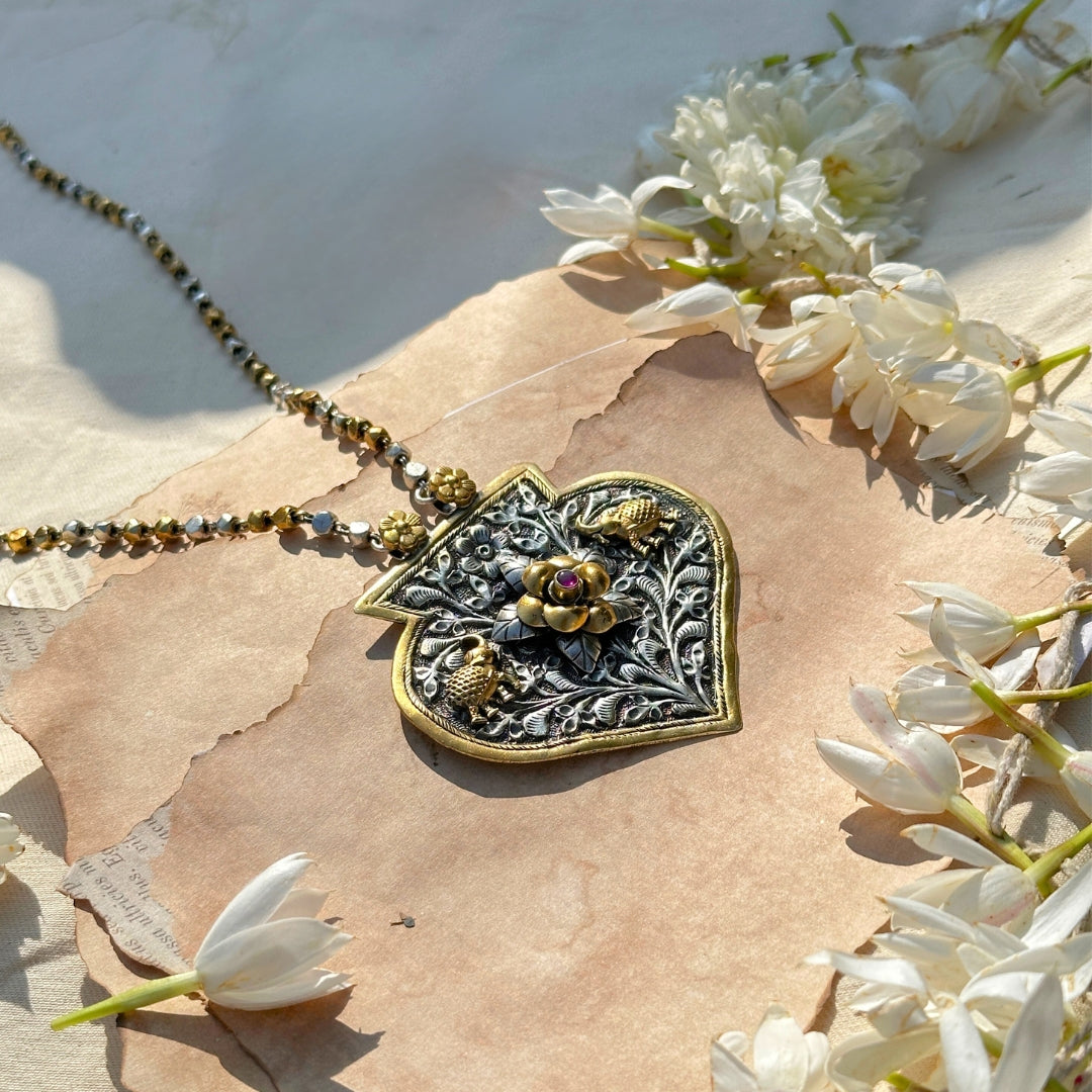 Flower and Elephant Detail Traditional Silver 925 Necklace