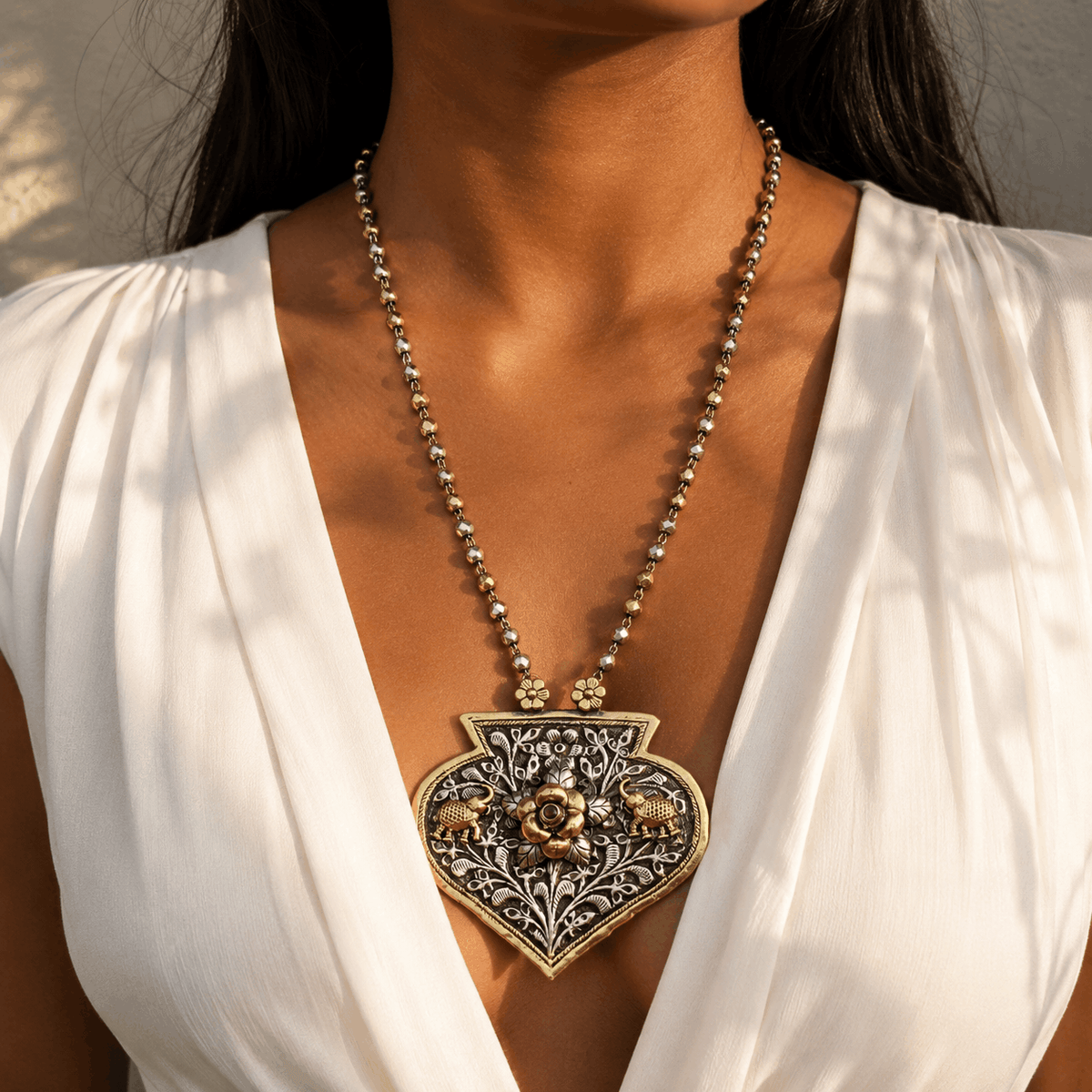 Flower and Elephant Detail Traditional Silver 925 Necklace