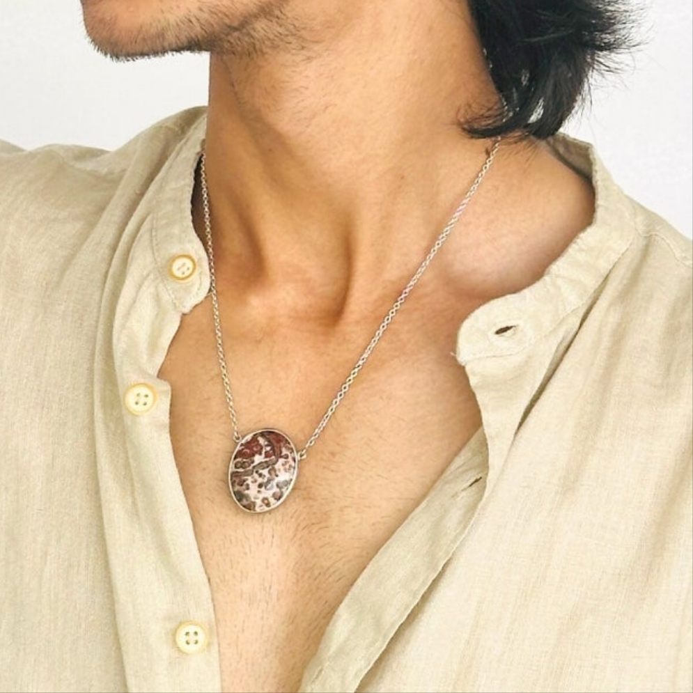 Jasper & Turquoise Reversible Silver 925 Men's Pendant Necklace