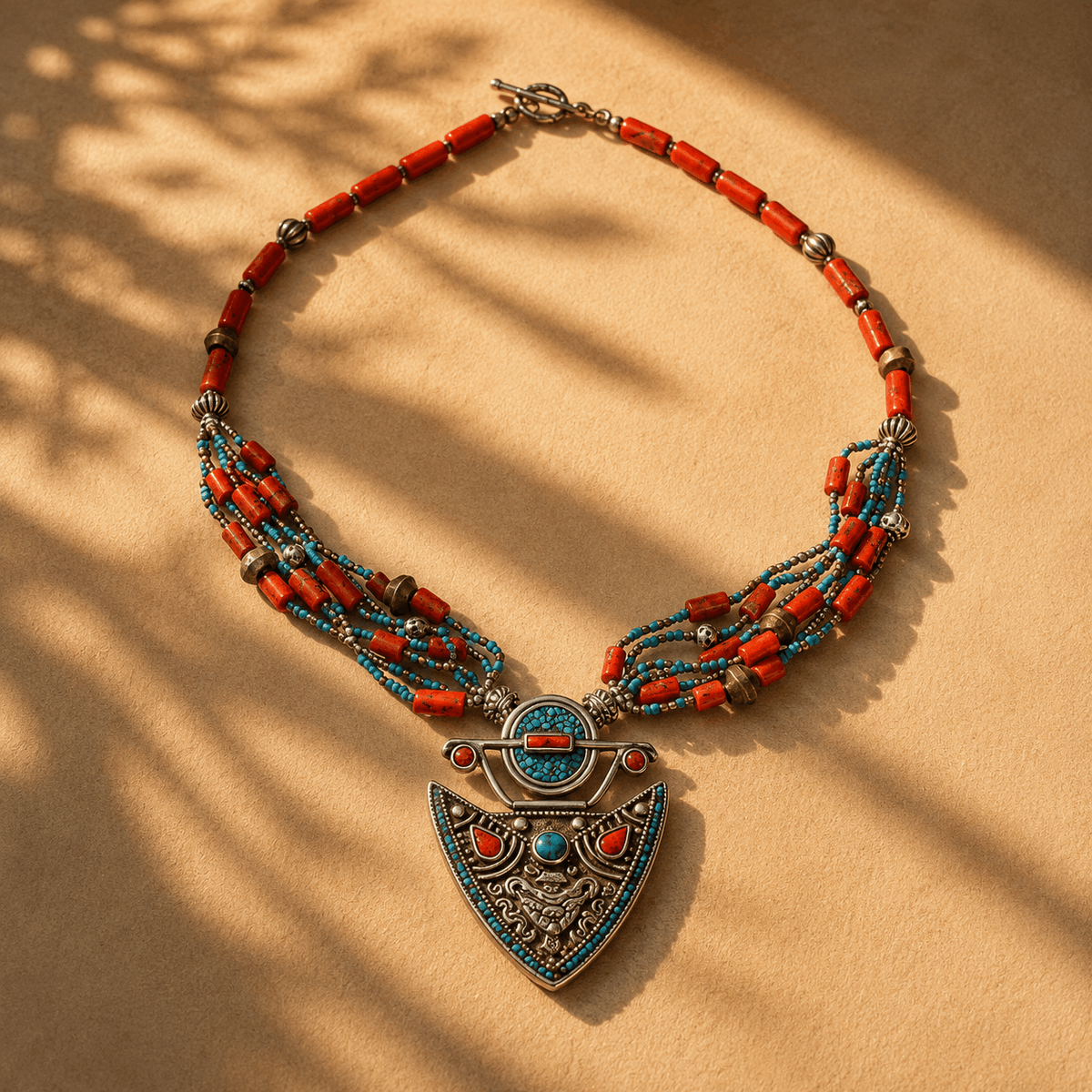 Mehraab Coral & Turquoise Beads Silver 925 Pendant Necklace