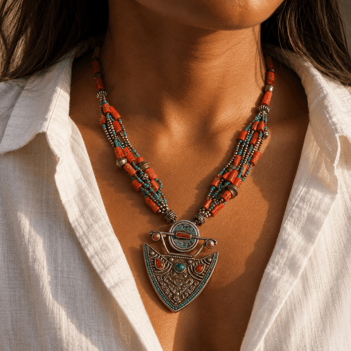 Mehraab Coral & Turquoise Beads Silver 925 Pendant Necklace