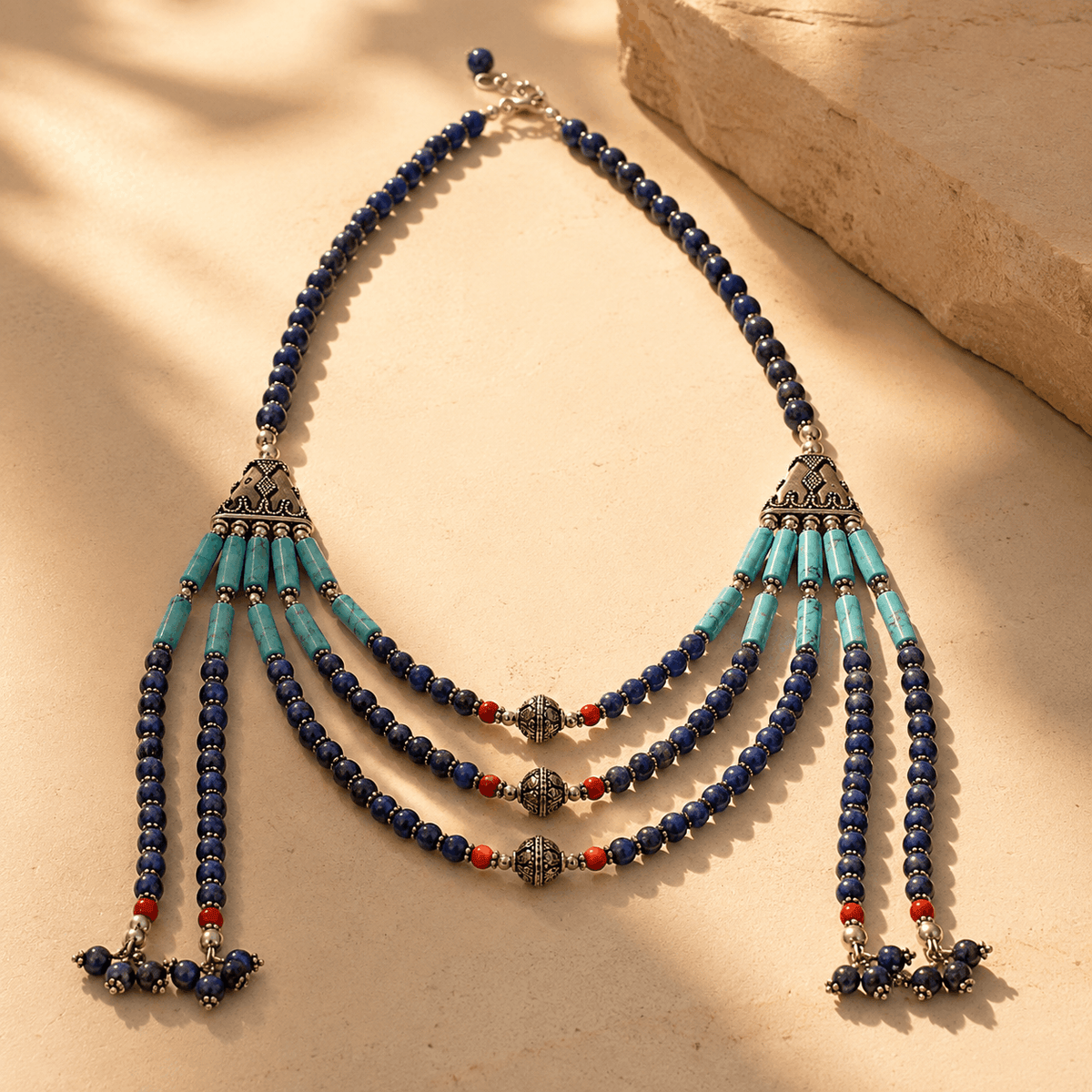 Multi Stone Silver 925 Boho Necklace