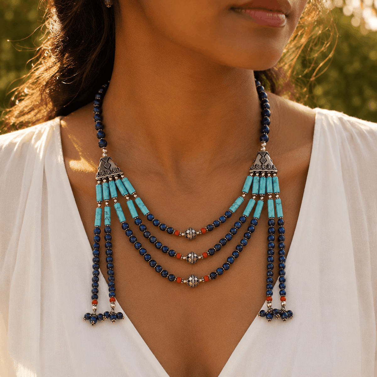 Multi Stone Silver 925 Boho Necklace