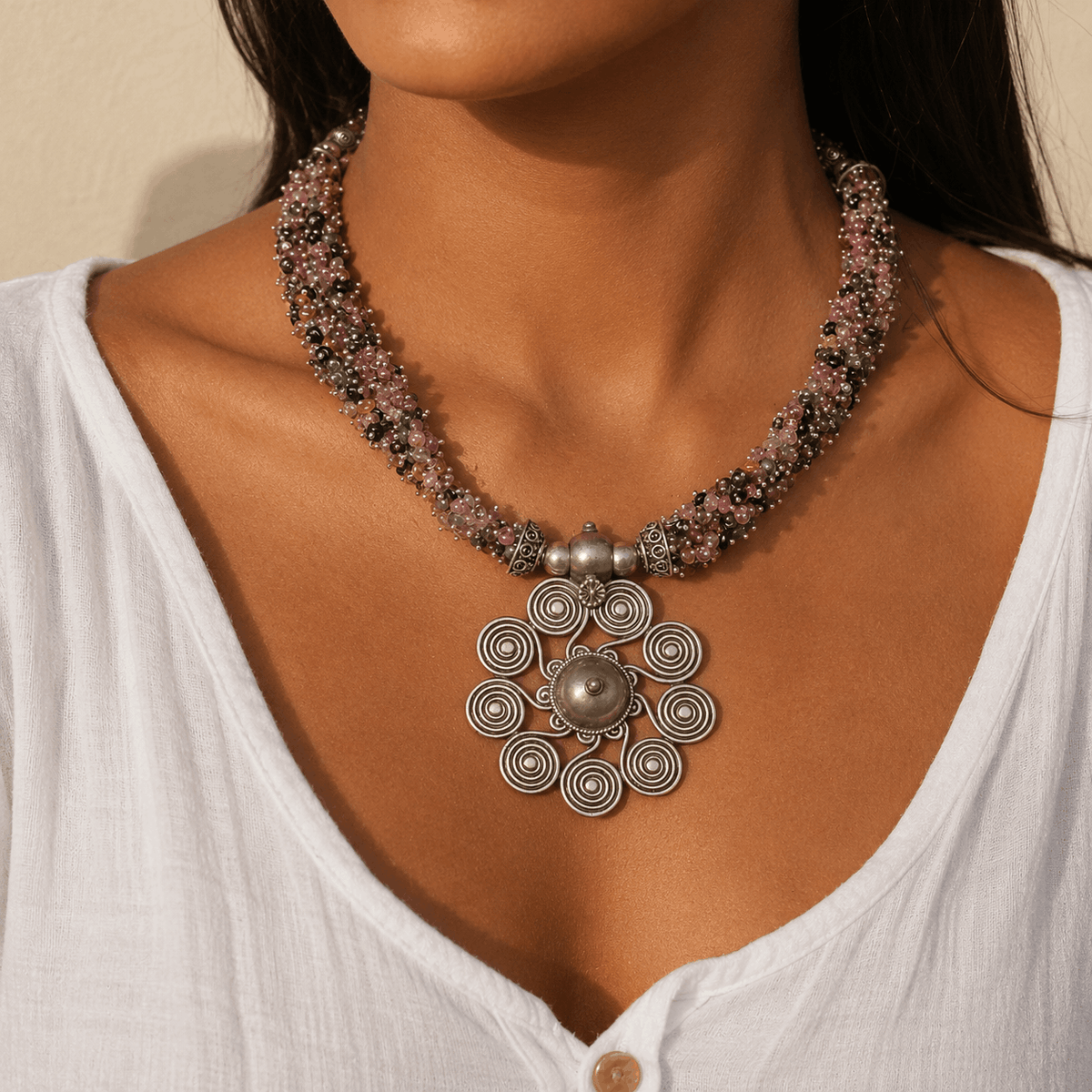 Neira Tourmaline Beads Silver 925 Pendant Necklace