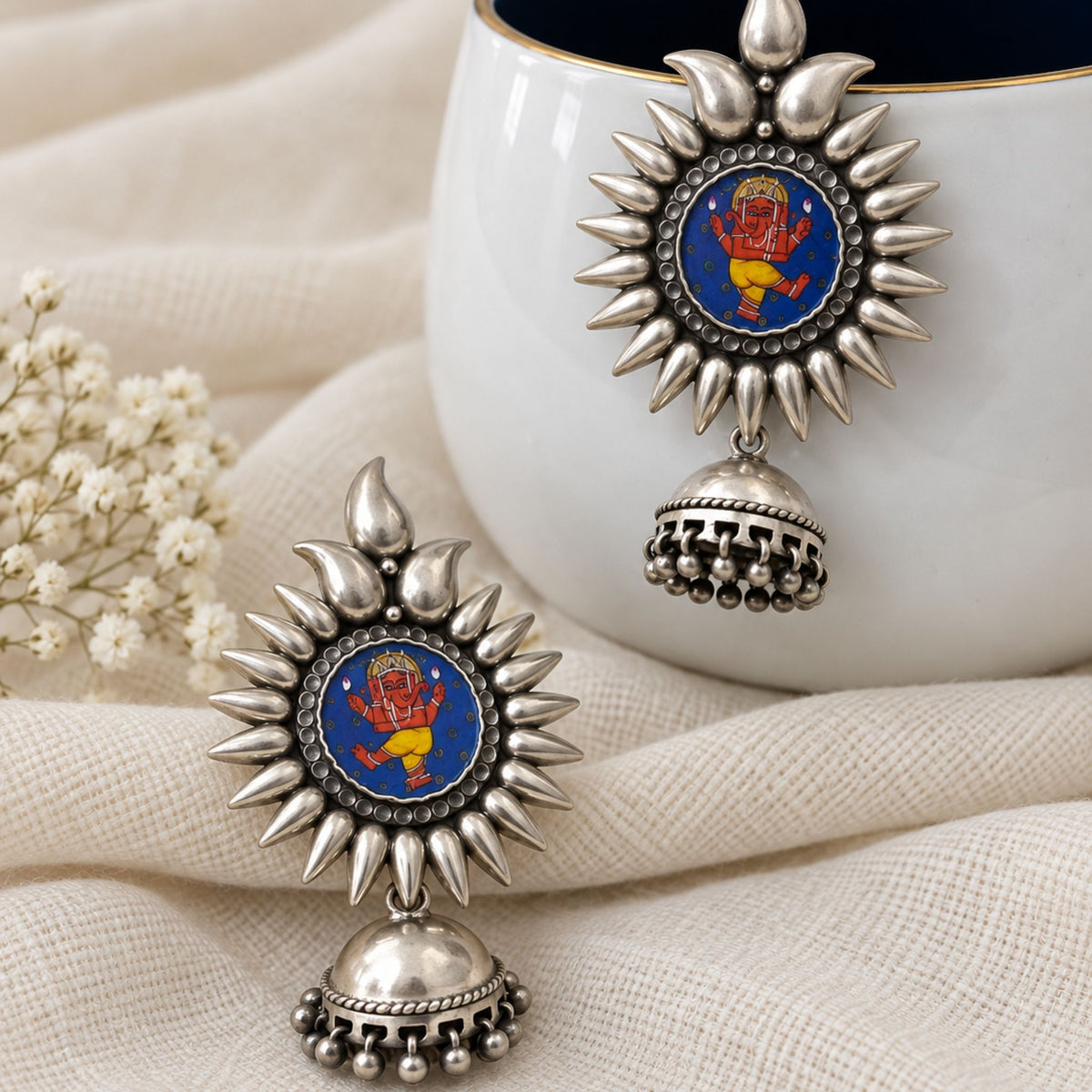 traditional silver jhumka, hand painted Ganesha earrings, Ganesha silver earrings