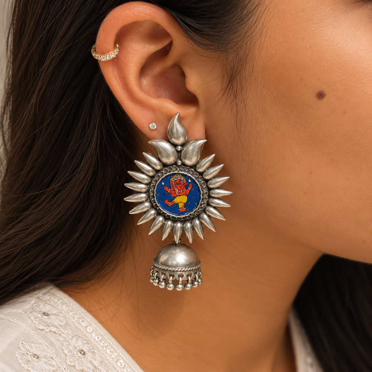Nritya Hand Painted Ganesha Silver 925 Statement Earrings