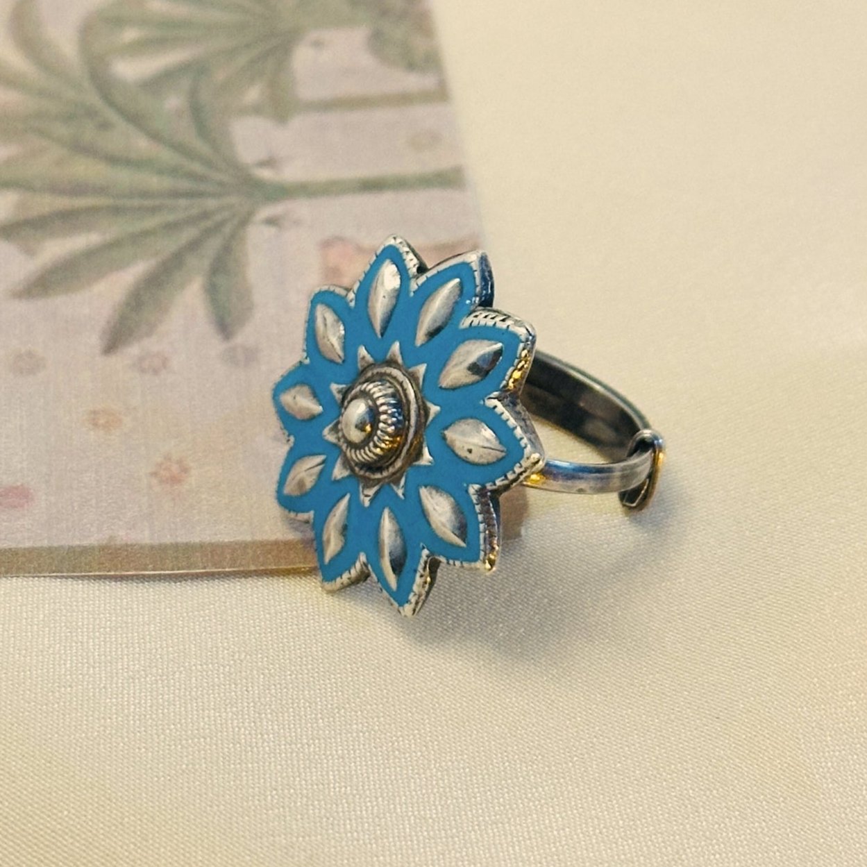 Festive Blue Floral Enamel Silver 925 Ring