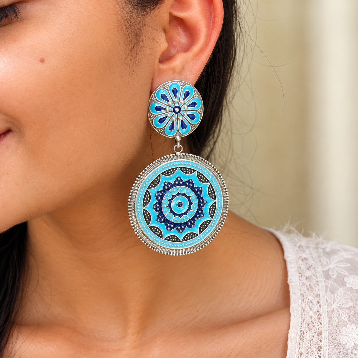 Sky Blue and Navy Big Enamel Silver 925 Earrings