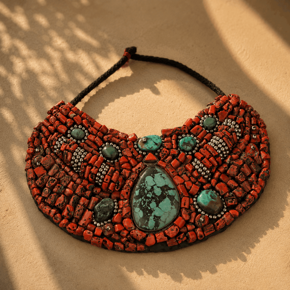 Turquoise & Coral cloth Boho 925 Silver Necklace