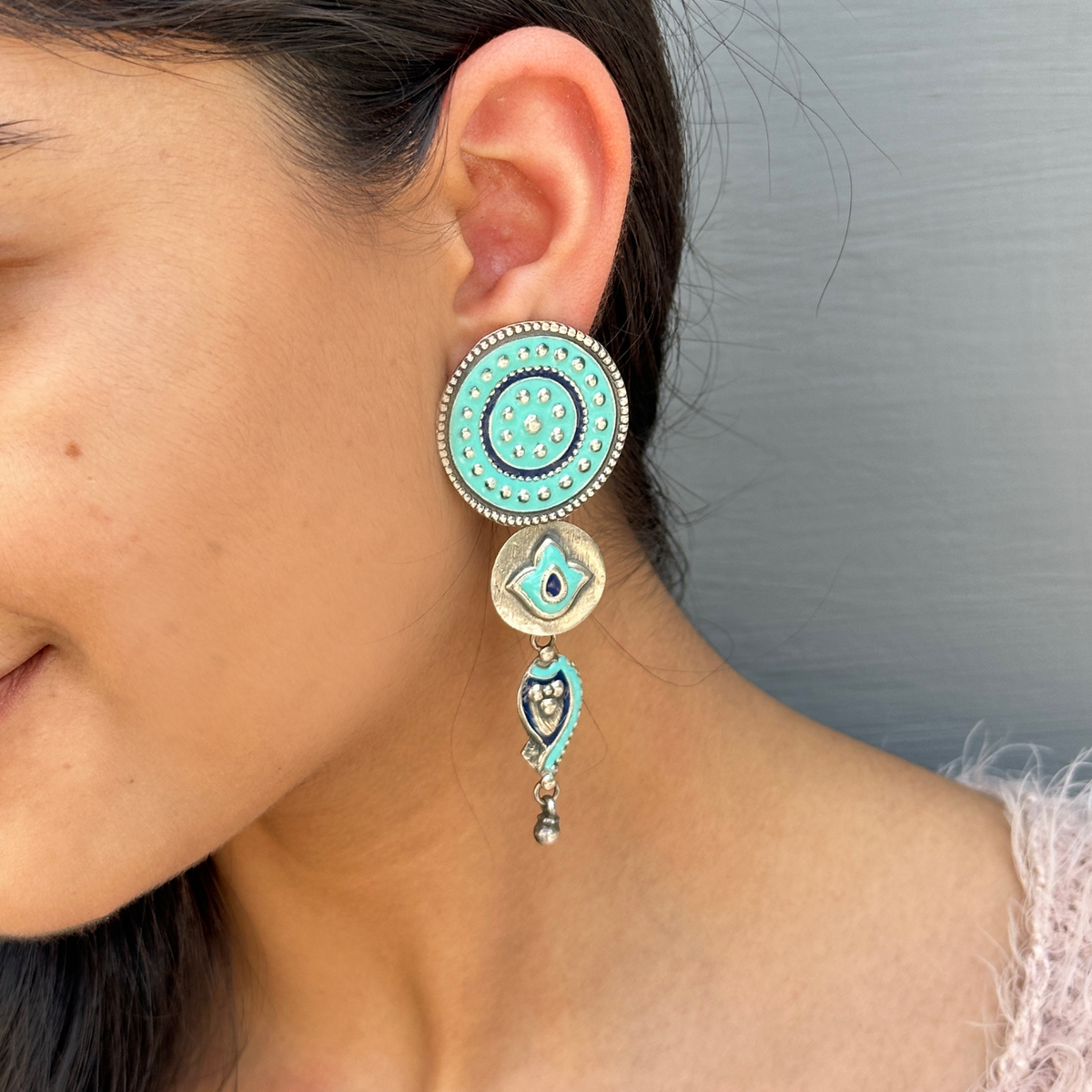Turquoise and Navy Enamel Silver 925 Earrings