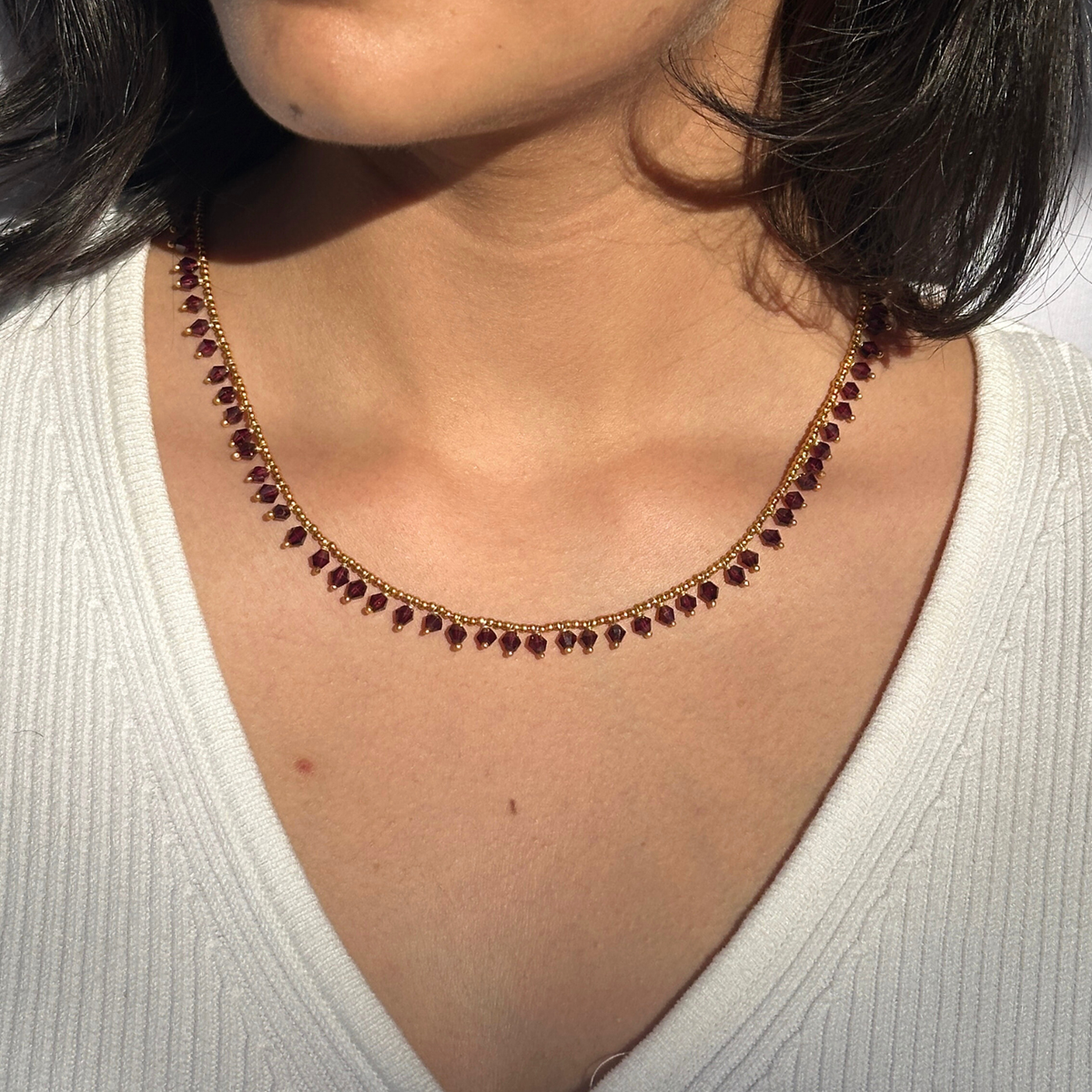 Necklace, Silver Necklace, Beaded Necklace, Gemstone Necklace, Garnet Necklace, Garnet gold plated silver 925 necklace, Natural garnet gemstone set in 18k gold plated 925 silver necklace