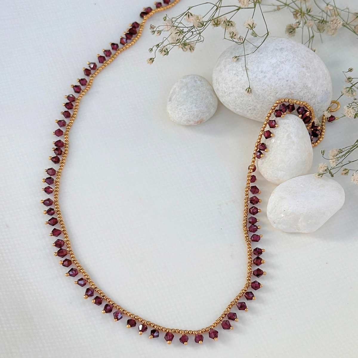Necklace, Silver Necklace, Beaded Necklace, Gemstone Necklace, Garnet Necklace, Garnet gold plated silver 925 necklace, Natural garnet gemstone set in 18k gold plated 925 silver necklace