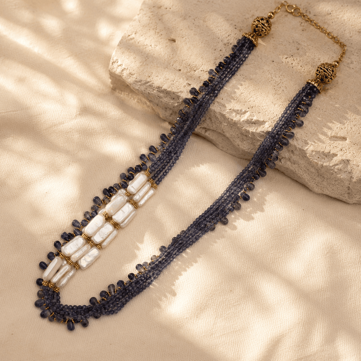 Viore Iolite & Pearl 18K Gold Plated 925 Silver Necklace