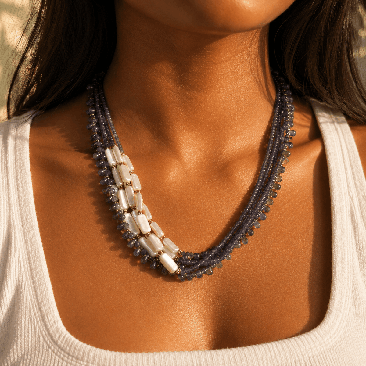 Viore Iolite & Pearl 18K Gold Plated 925 Silver Necklace
