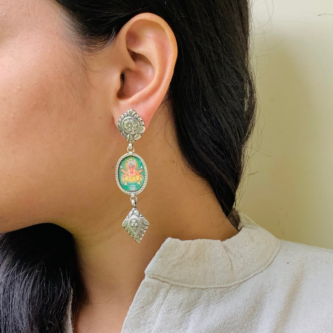 Antara Handpainted Miniature Art Silver Earrings