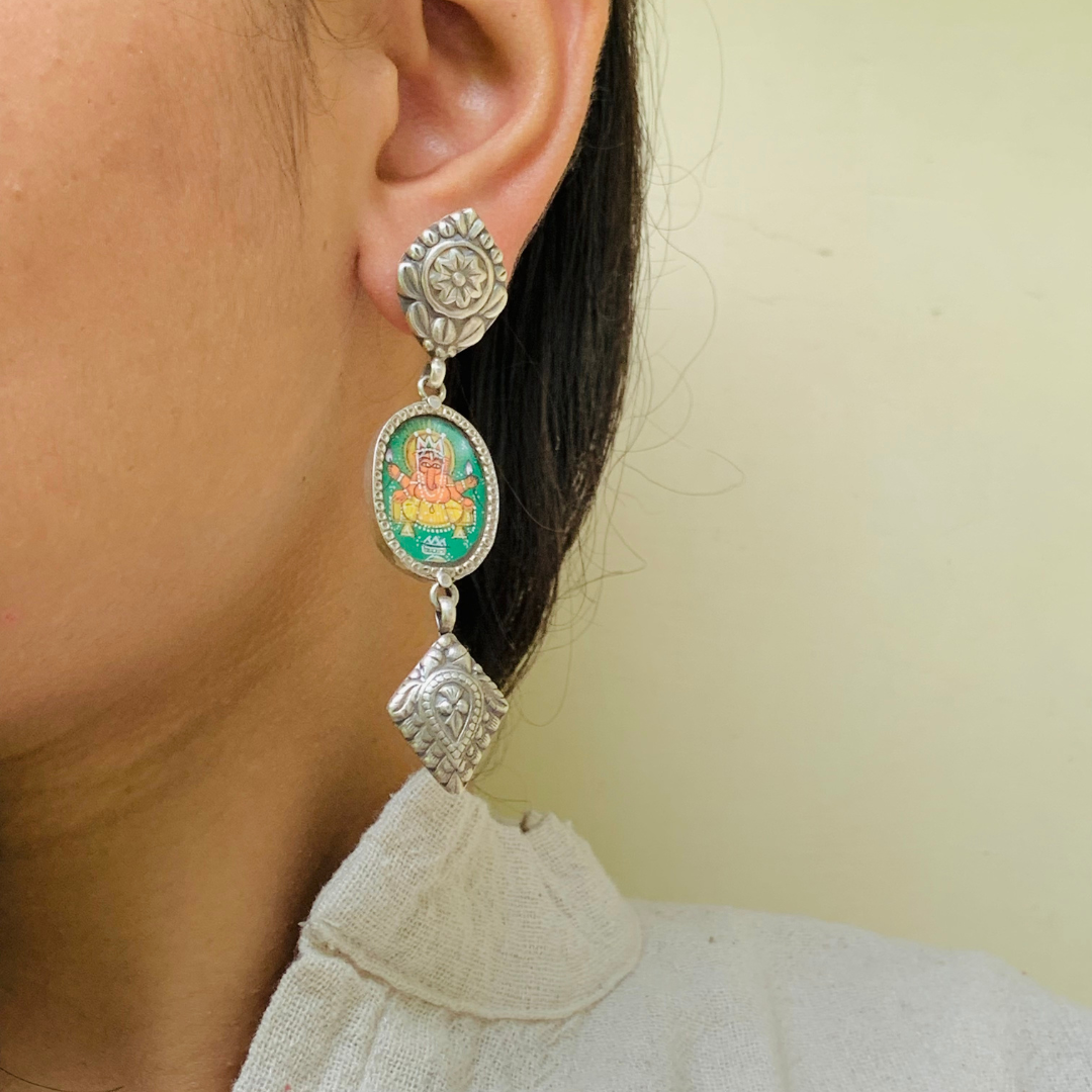 Antara Handpainted Miniature Art Silver Earrings