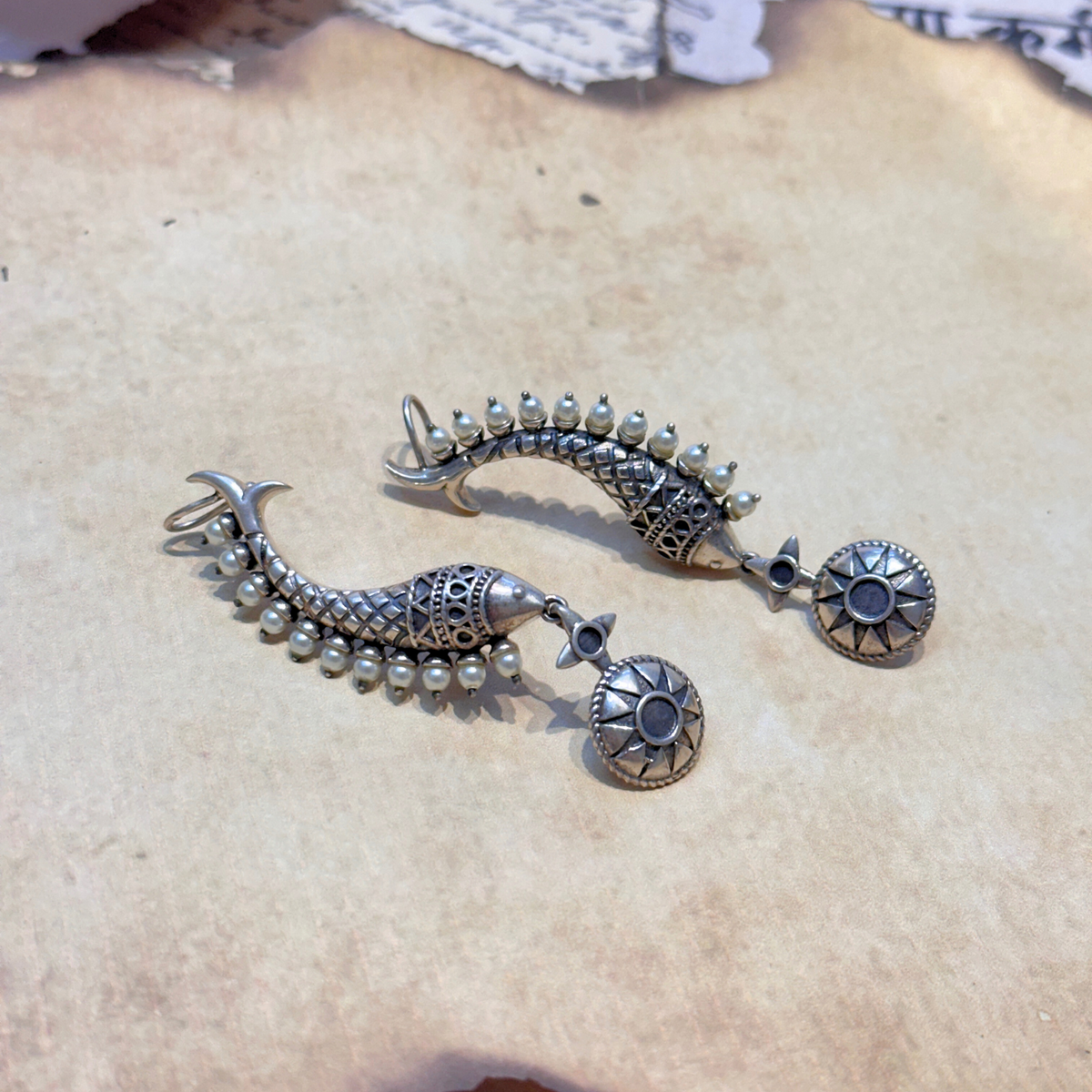 statement silver earrings ear cuff oxidised tribal design