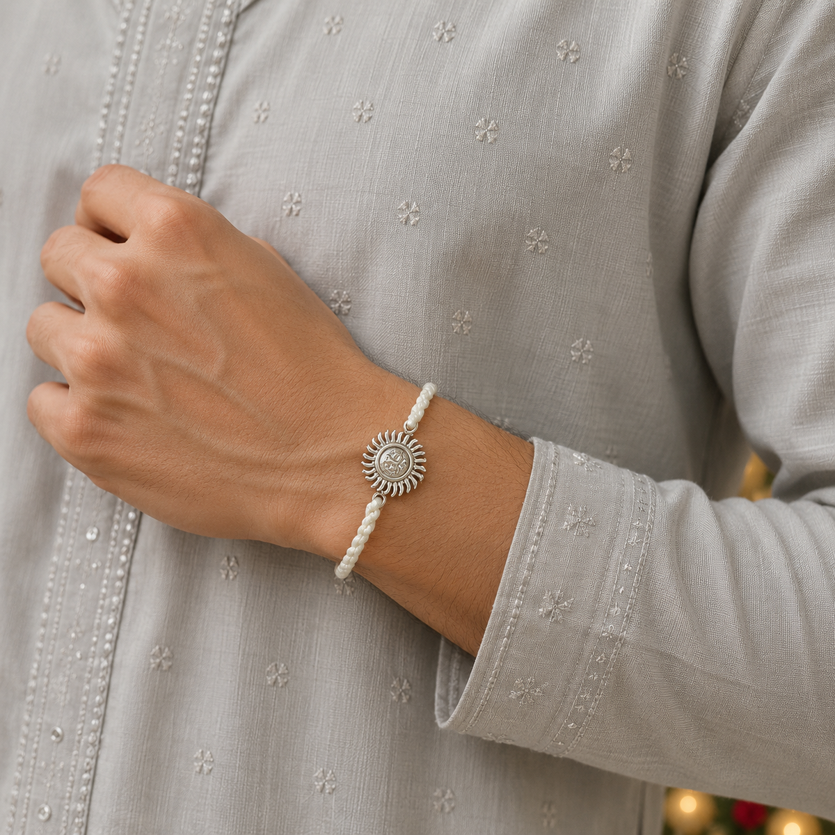 Sun Charm Silver White thread Bracelet