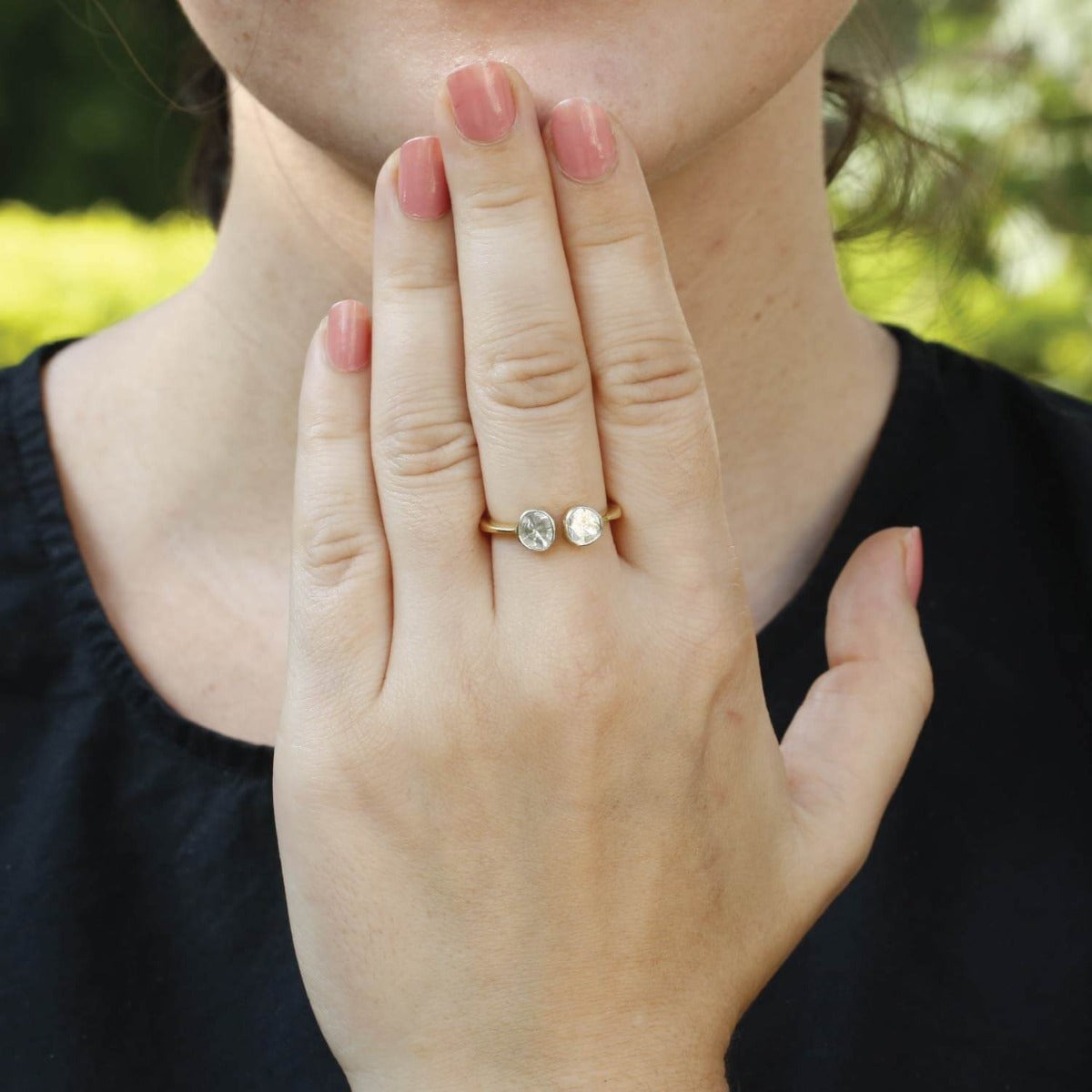 Two faced gold plated diamond ring