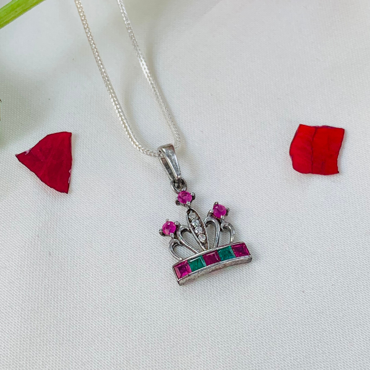 Aleeza Ruby Emerald Sterling Silver Crown Love Pendant