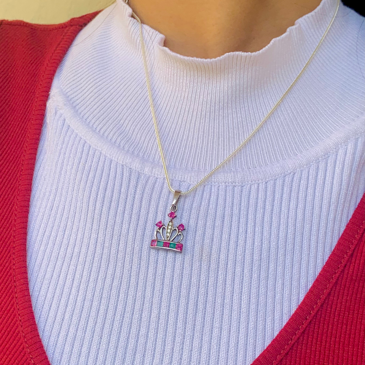 Aleeza Ruby Emerald Sterling Silver Crown Love Pendant
