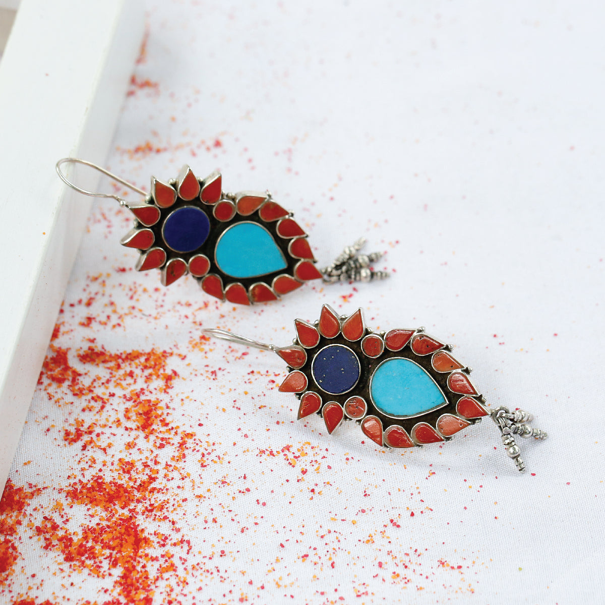 Lucy Coral, Lapiz Lazuli And Turquoise Silver 925 Earrings