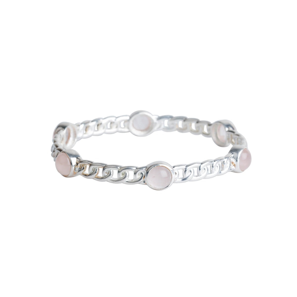 Closeup of three blush pink rose quartz cabochons on chunky 925 silver curb chain bangle