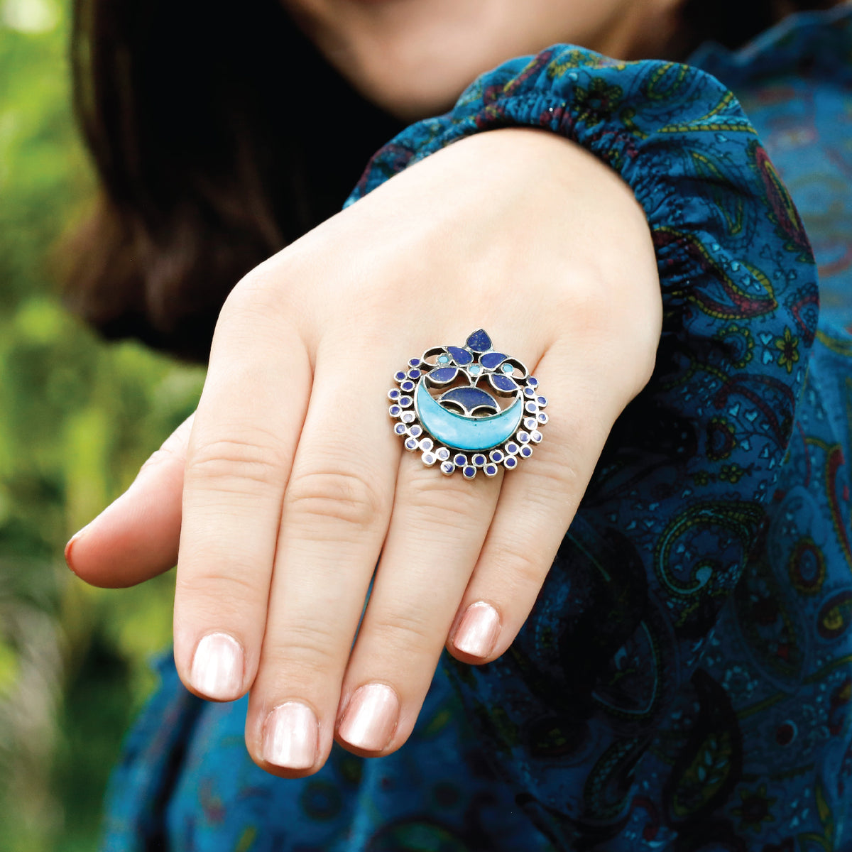 Serene Moon Shaped Turquoise Silver 925 Ring