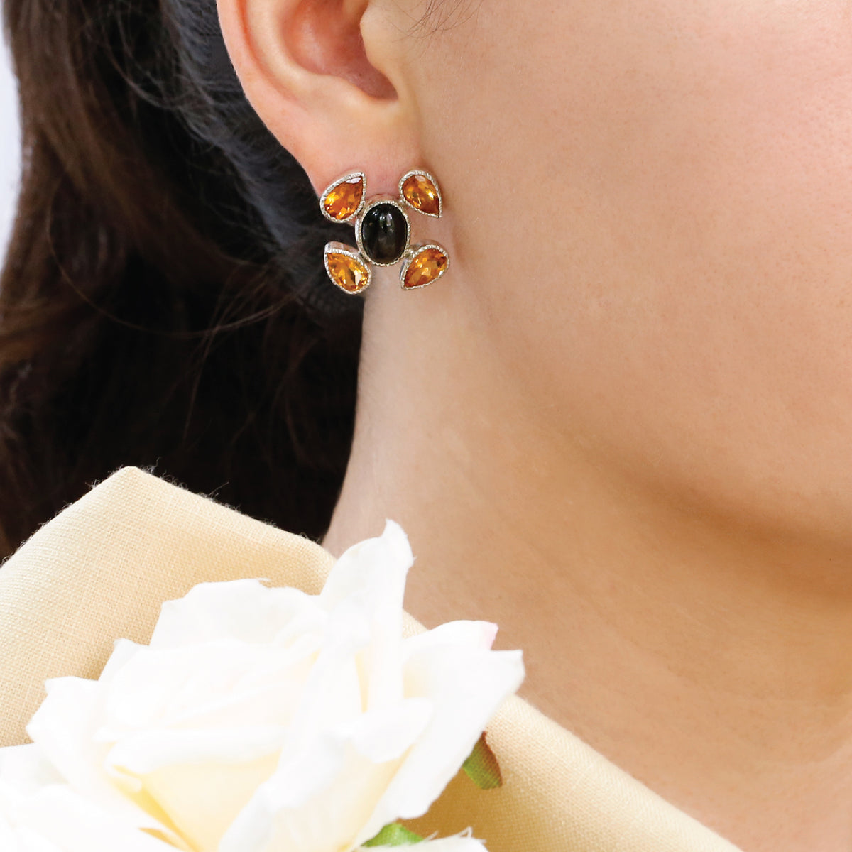 Una Silver 925 Gold Plated Citrine and Black Star Earrings