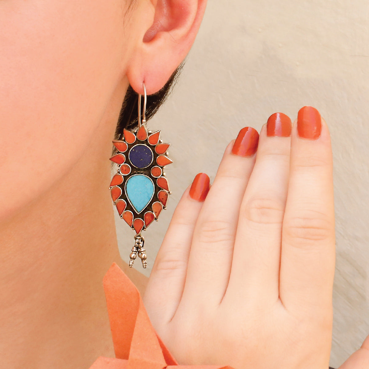Lucy Coral, Lapiz Lazuli And Turquoise Silver 925 Earrings
