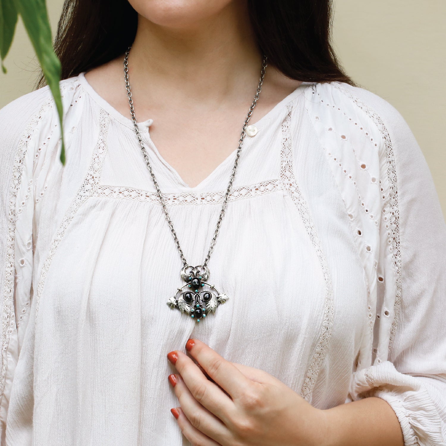 Boho style modern black onyx pendant necklace gothic jewelry Silver 925